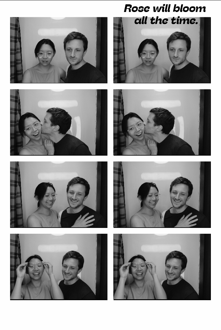 Black-and-white photo-booth contact sheet of SH and Noah laughing and kissing
